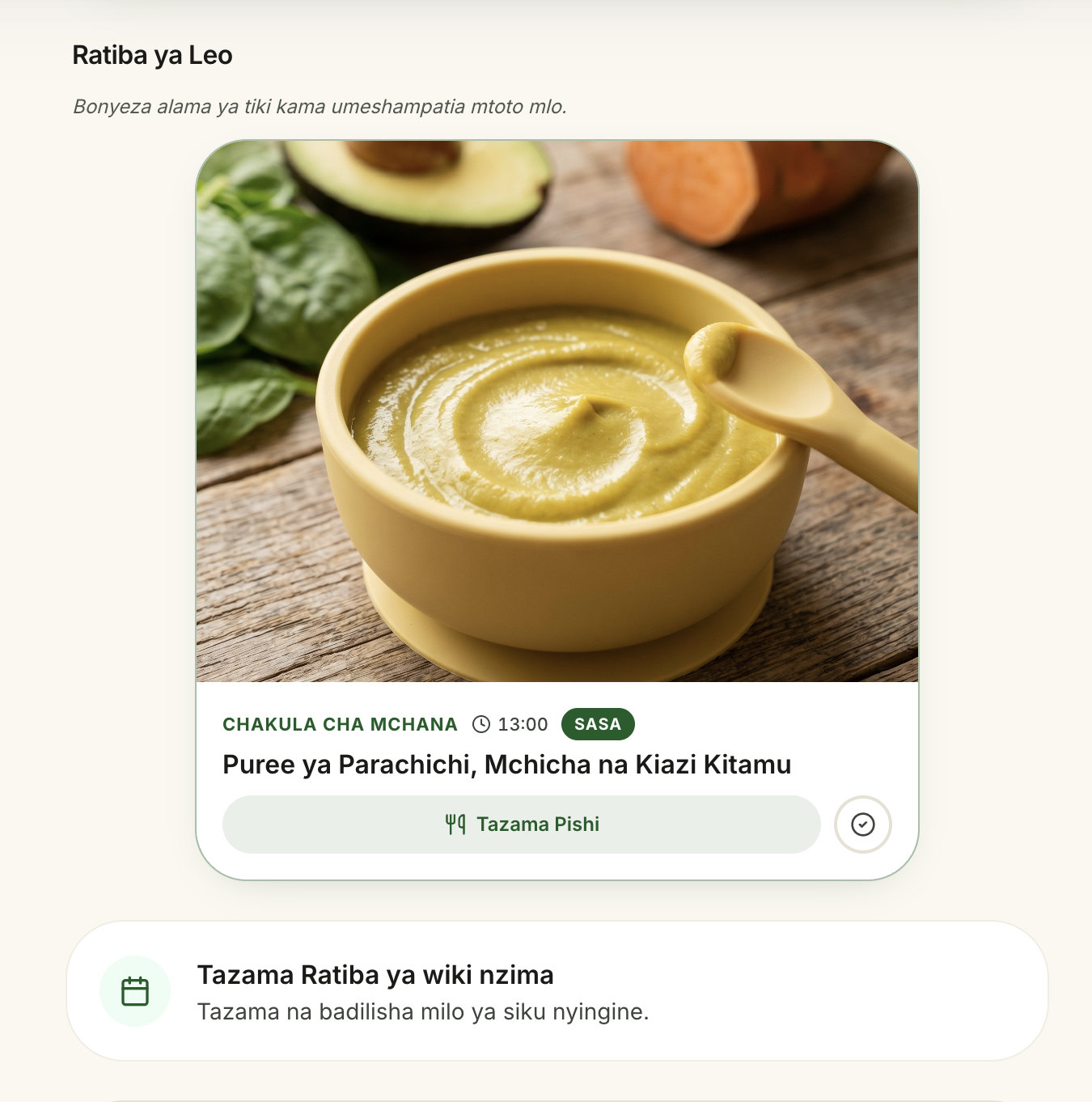 LisheBora meal plan showing avocado, spinach and sweet potato puree