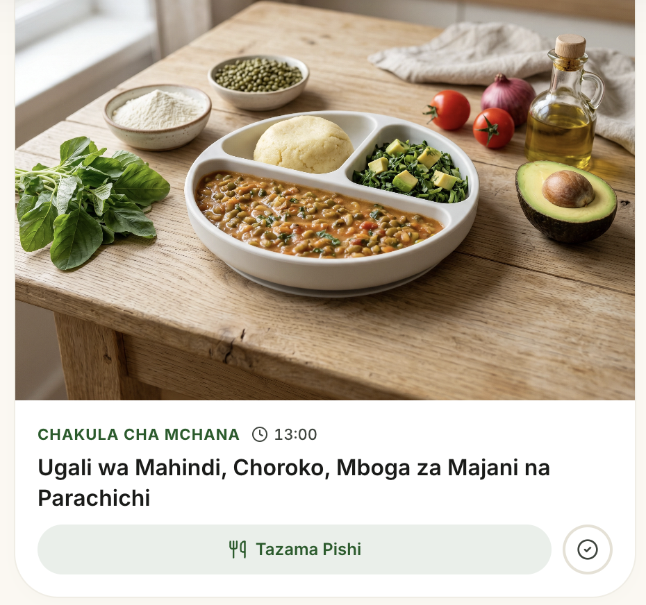 A balanced meal with ugali, legumes, leafy greens and avocado